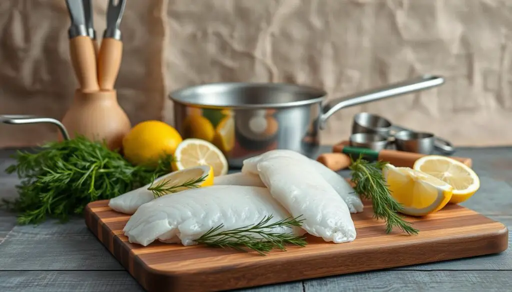 Cooking Pollock Fish Ingredients and Tools